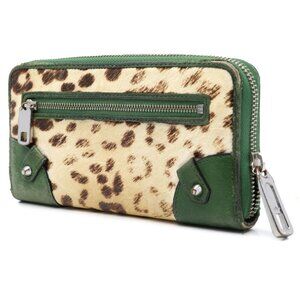 Juicy Couture Leather Leopard Print Wallet Zip Around Green Brown Animal Print